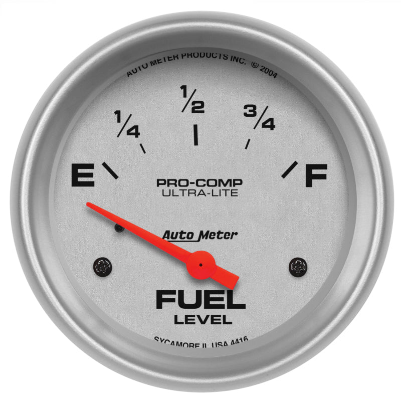 Auto Meter Ultra-Lite 240-33 ohm Fuel Level Gauge - Electric - Analog - Short Sweep - 2-5/8 in Diameter - Silver Face