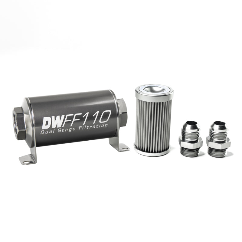 DeatschWerks Fuel Filter - 10 Micron - Stainless Element - 10 AN Male Inlet - 10 AN Male Outlet - 110 mm Long - Aluminum - Titanium