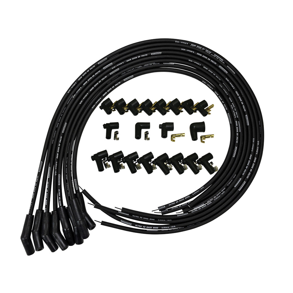 Moroso Ultra 40 Spiral Core 8.65 mm Spark Plug Wire Set - Black - 135 Degree Plug Boots - HEI / Socket Style - Cut-To-Fit - V8