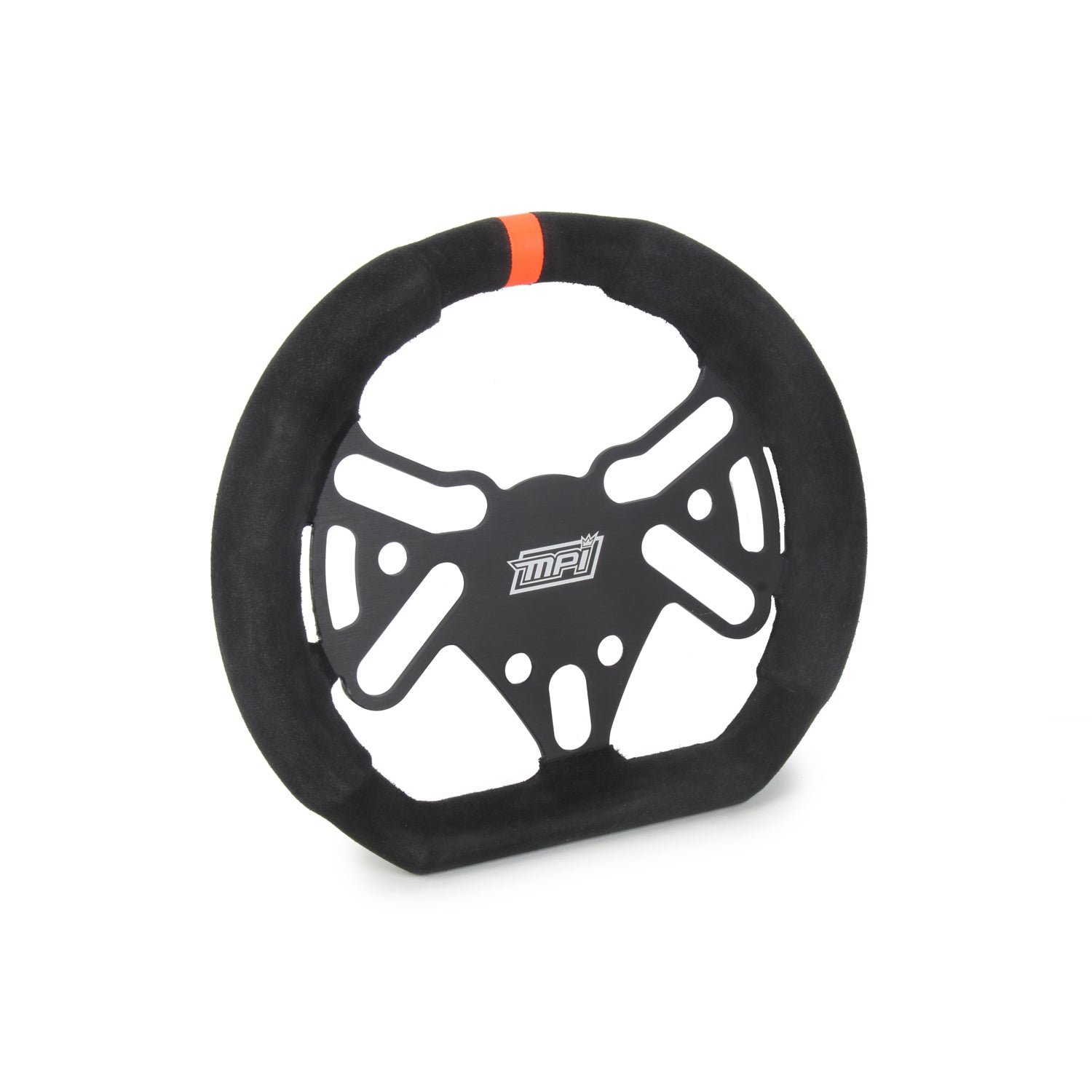 MPI Steering Wheel - 4 Spoke - 5-Bolt - Black Suede Grip - Orange Stripe - Aluminum - Black