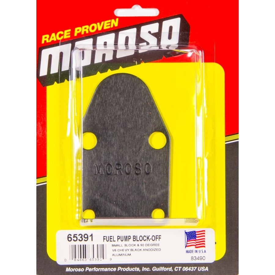 Moroso Fuel Pump Blockoff - Black Anodized - Small Block Chevy