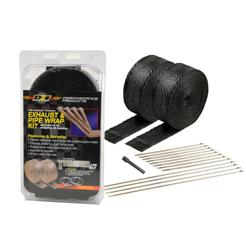 DEI Titanium Exhaust Wrap - 2 in Wide - Two 50 ft Rolls - Stainless Locking Ties - Woven Fiberglass - Black (Pair)