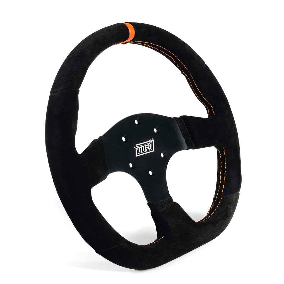 MPI Touring Steering Wheel - 13 in Diameter - D-Shaped - 1.25 in Dish - 3-Spoke - Black Suede Grip - Orange Stripe