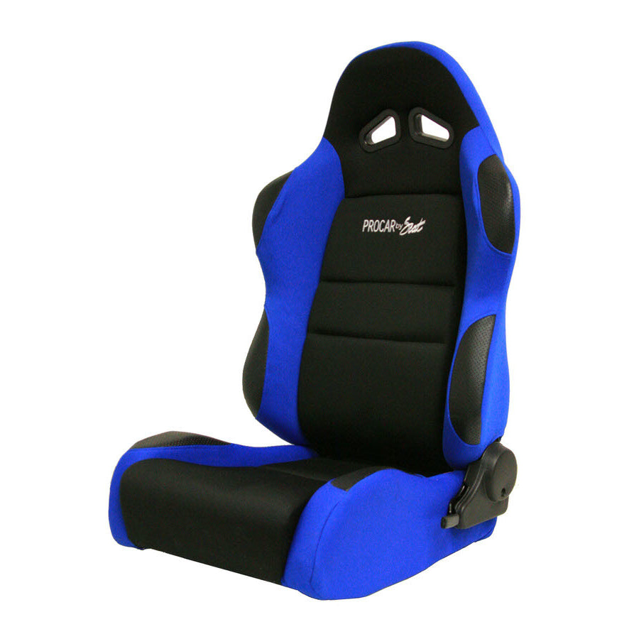 ProCar Sportsman Racing Seat - Left Side - Black Velour Inside - Blue Velour Wings and Bolsters