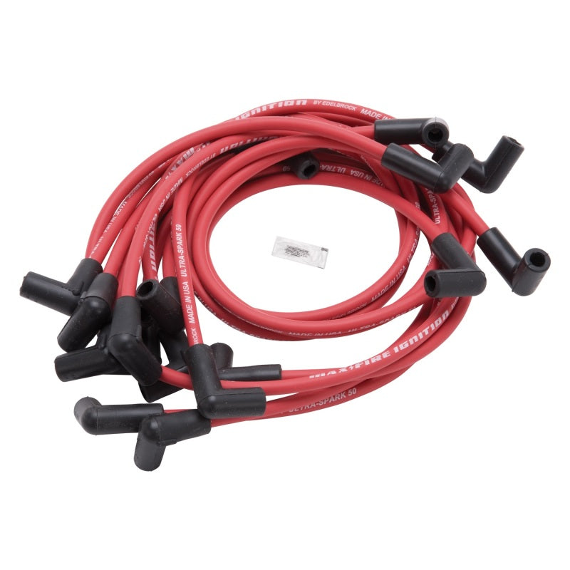 Edelbrock Max-Fire Spiral Core 8.5 mm Spark Plug Wire Set - Red - 90 Degree Plug Boots - Socket Style - Small Block Chevy