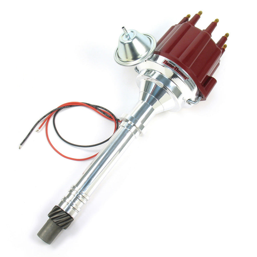 PerTronix Flame-Thower Billet Distributor - Vacuum Advance - Red Male Terminal Cap - Chevy Big, SB