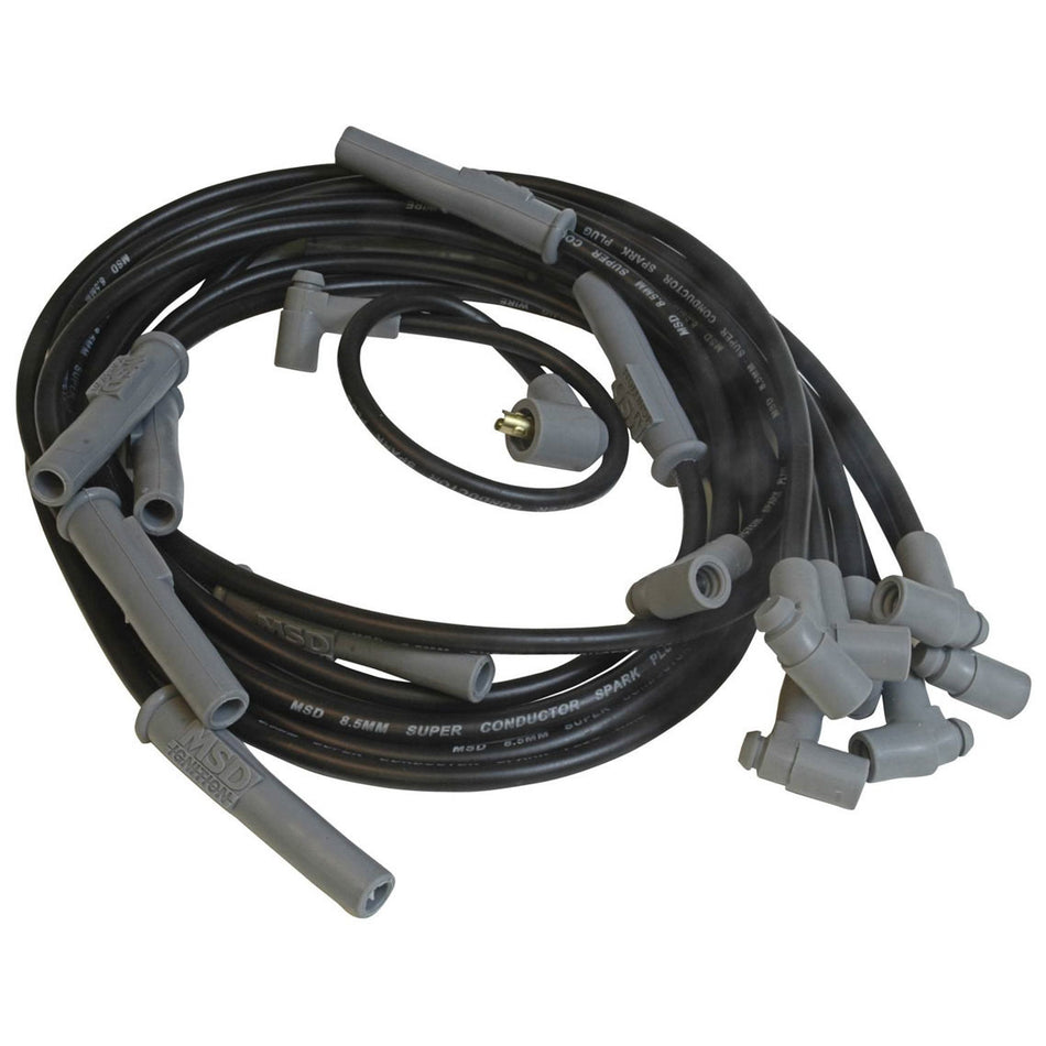 MSD Super Conductor Spiral Core 8.5 mm Spark Plug Wire Set - Black - Straight Plug Boots - HEI Style Terminal - Mopar B / RB-Series