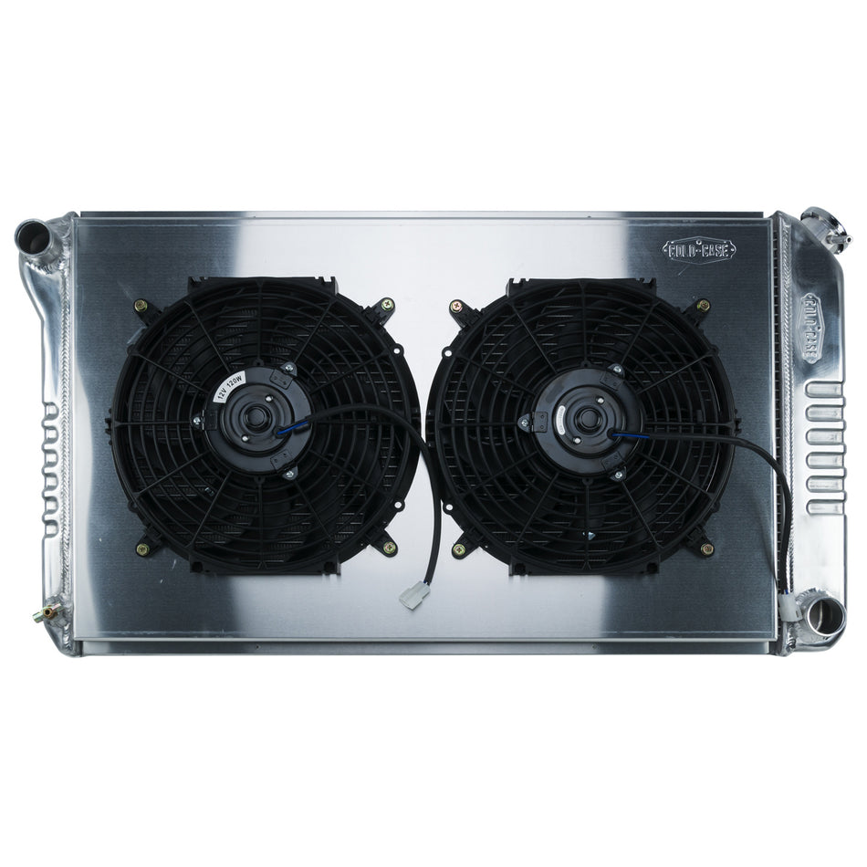 Cold-Case Aluminum Radiator and Fan - 34.75" W x 18.75" H x 3" D - Driver Side Inlet - Passenger Side Outlet - Polished - Manual - GM A-Body 1968-77