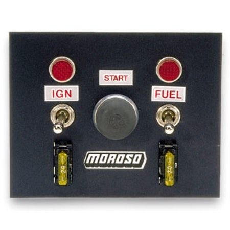 Moroso Dash Mount Switch Panel - 4 x 5" - 2 Toggles/1 Momentary Button - Indicator Lights - Aluminum - Black