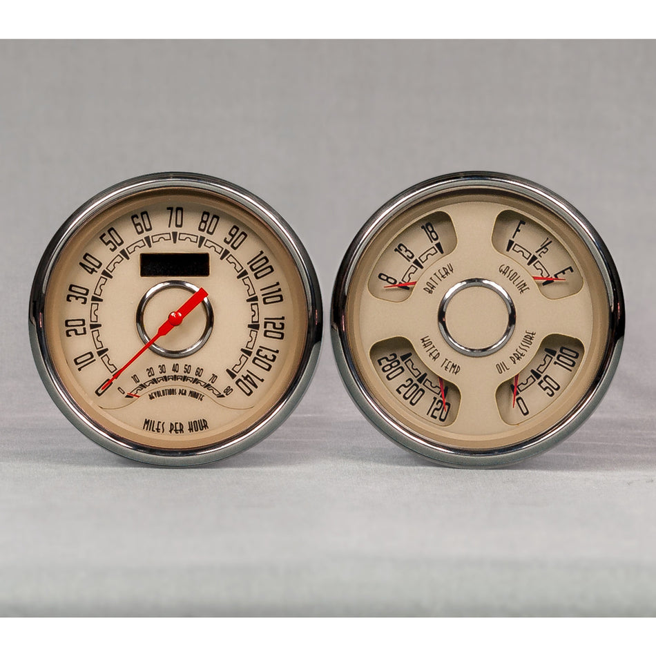 New Vintage USA Woodward Gauge Kit Analog Fuel Level/Oil Pressure/Speedometer/Tachometer/Voltmeter/Water Temperature Beige Face - Kit