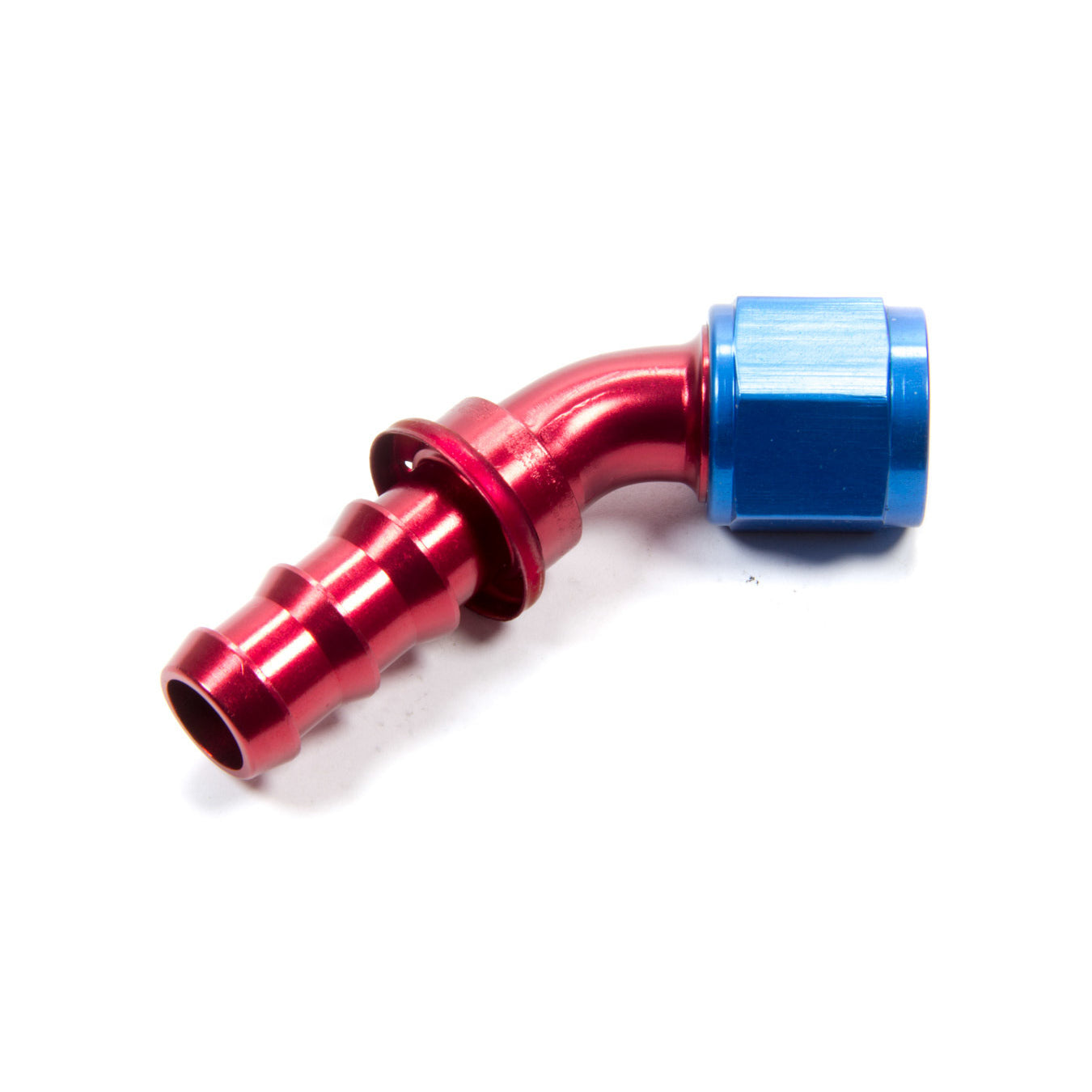 Aeroquip AQP Socketless 10 AN Hose Barb to 10 AN Female 45 Degree Hose End - Blue / Red Anodized FCM1524