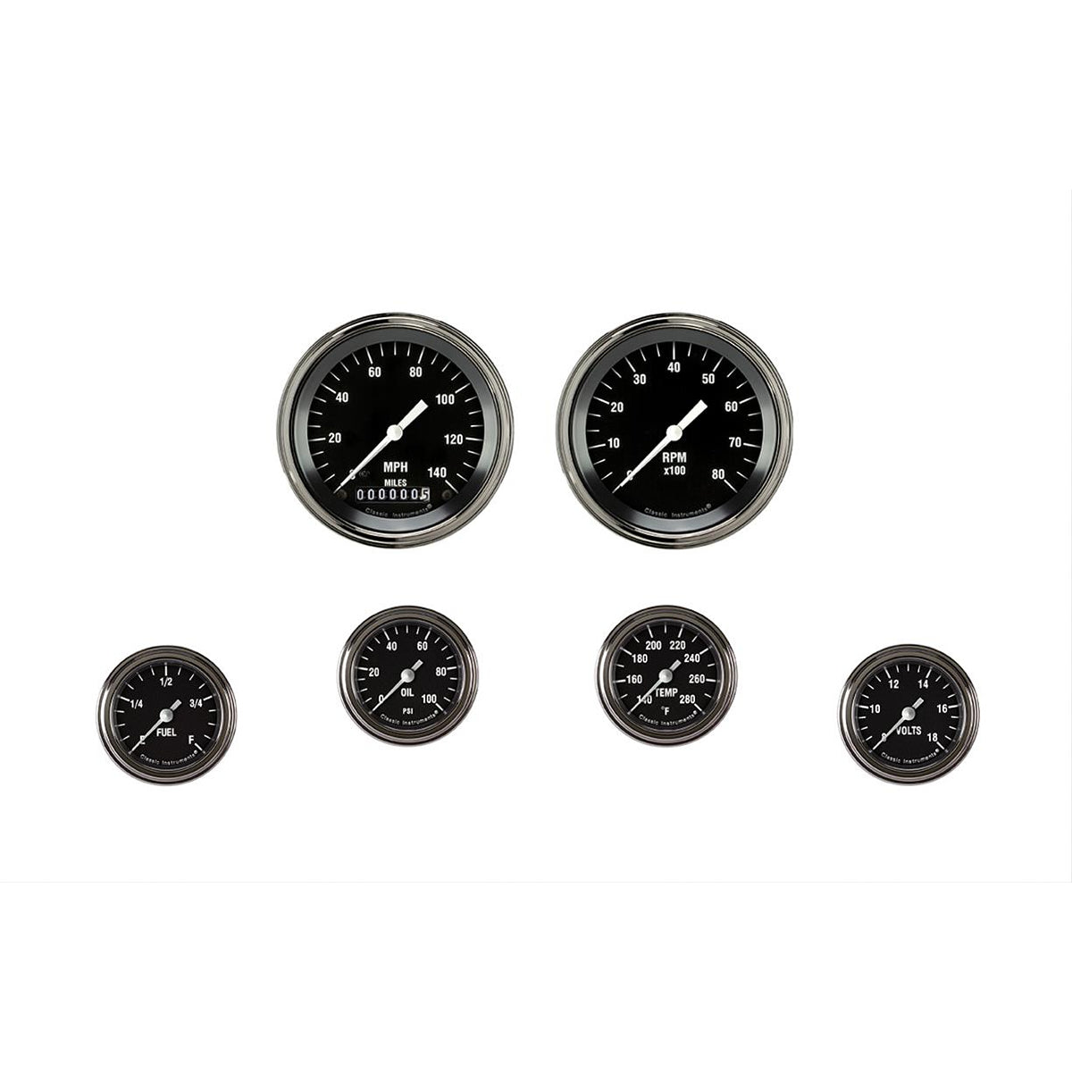 Classic Instruments Hot Rod Gauge Kit - Full Sweep - Low Step Stainless Bezel - Black Face