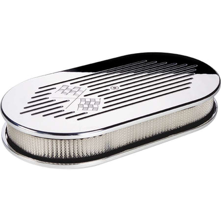 Billet Specialties Large Oval Flag Air Cleaner Assembly - Polished - Checkered Flag Logo Design - 2 in. Filter Height