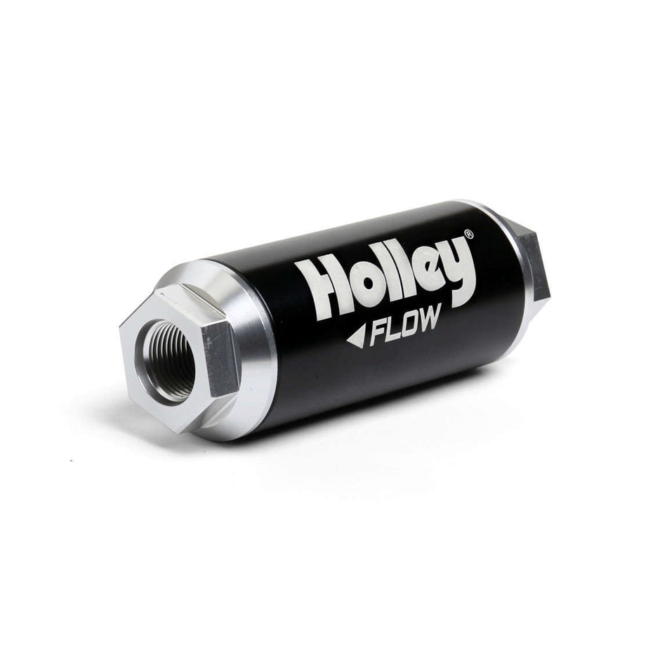 Holley Billet Dominator In-Line 100 Micron Fuel Filter - Stainless Element - 12 AN Female O-Ring Inlet - 12 AN Female O-Ring Outlet - Black / Clear Anodized