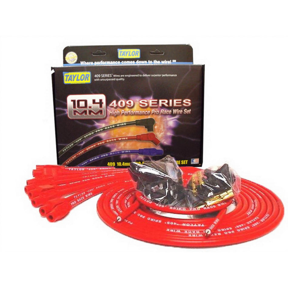 Taylor "409" Pro Race Universal Spark Plug Wire Set - 10.4mm Diameter - Red - 180 Plug Boots - Spiro-Wound Conductor - 8 Cylinder Applications