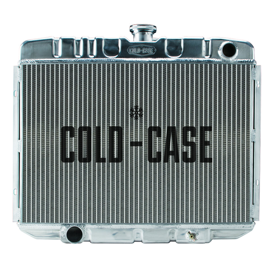 Cold-Case Aluminum Radiator - 25" W x 21.25" H x 3" D - Passenger Side Inlet - Driver Side Outlet - Polished - Manual - Big Block Ford - Ford Mustang 1967-70