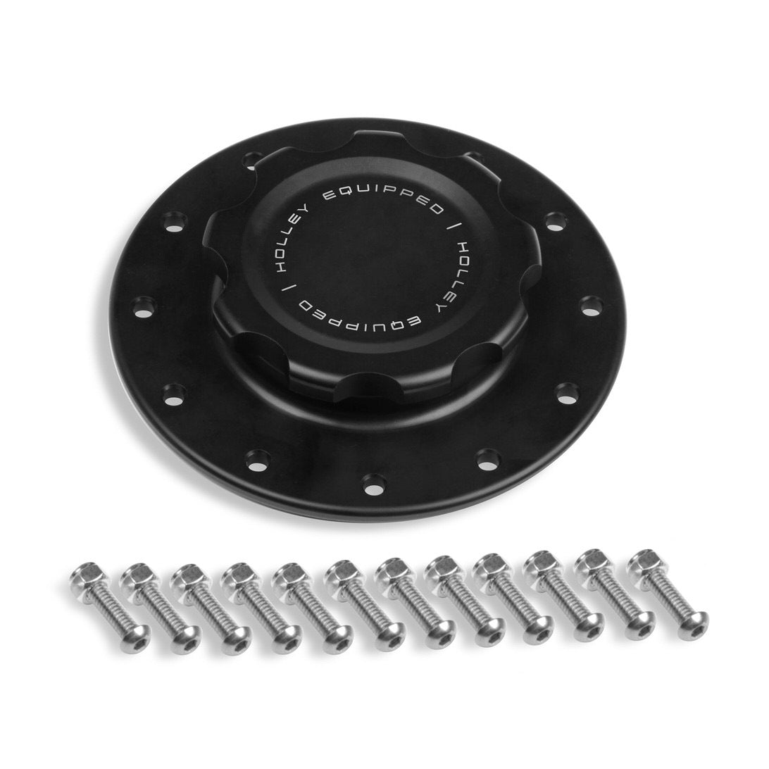 Holley Screw-In Raised Cell Mount Fuel Cell Filler Cap Assembly - 12-Bolt Flange - Black Anodized