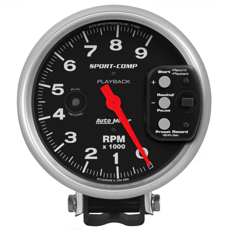 Auto Meter Sport-Comp 9000 RPM Tachometer - Electric - Analog - 5 in Diameter - Pedestal Mount - Playback - Black Face