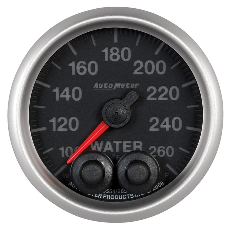 Auto Meter Elite Series 100-260 Degree F Water Temperature Gauge - Electric - Analog - Full Sweep - 2-1/16 in Diameter - Peak and Warn - Black Face