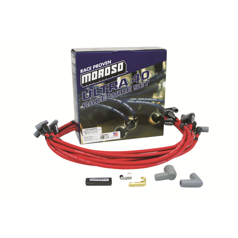 Moroso Ultra 40 Spiral Core 8.65 mm Spark Plug Wire Set - Red - 90 Degree Plug Boots - HEI Style Terminal - Under Headers - Small Block Chevy