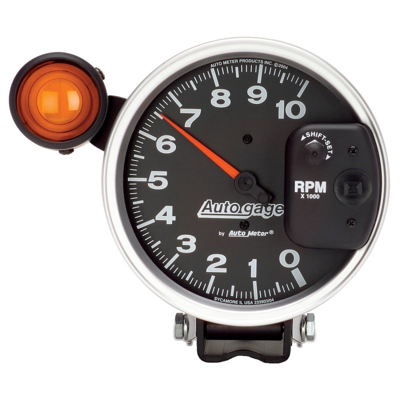 Auto Meter Auto Gage 10000 RPM Tachometer - Electric - Analog - 5 in Diameter - Pedestal Mount - Shift Light - Black Face 233904