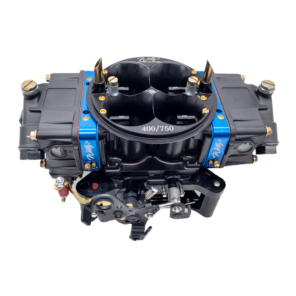 Willy's Equalizer Carburetor - 4-Barrel - 750 CFM - Square Bore - No Choke - Mechanical Secondary - Dual Inlet - Black Powder Coat - Alcohol