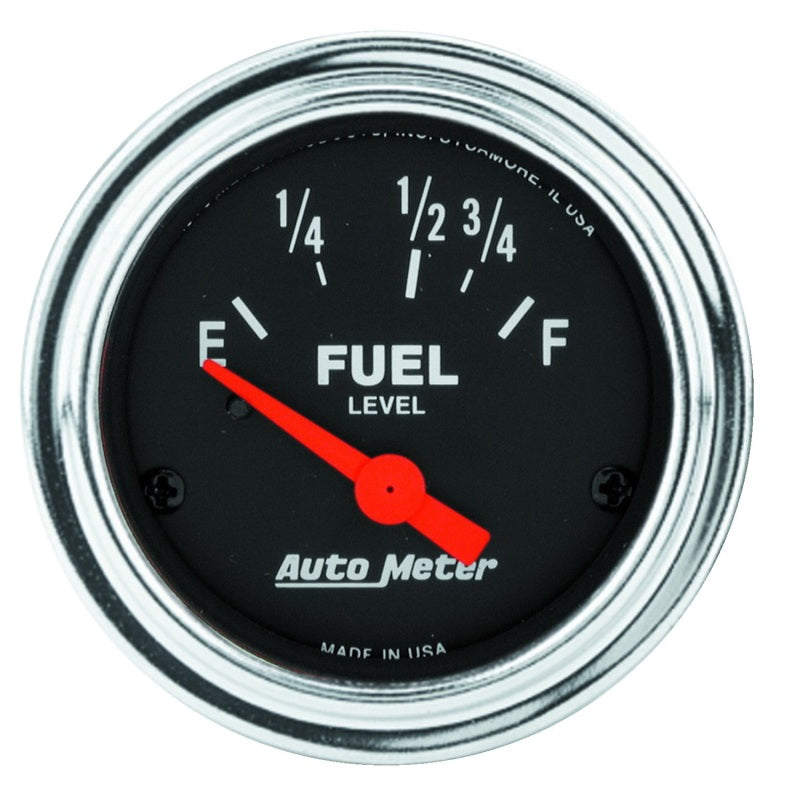 Auto Meter Traditional Chrome 16-158 ohm Fuel Level Gauge - Electric - Analog - Short Sweep - 2-1/16 in Diameter - Black Face
