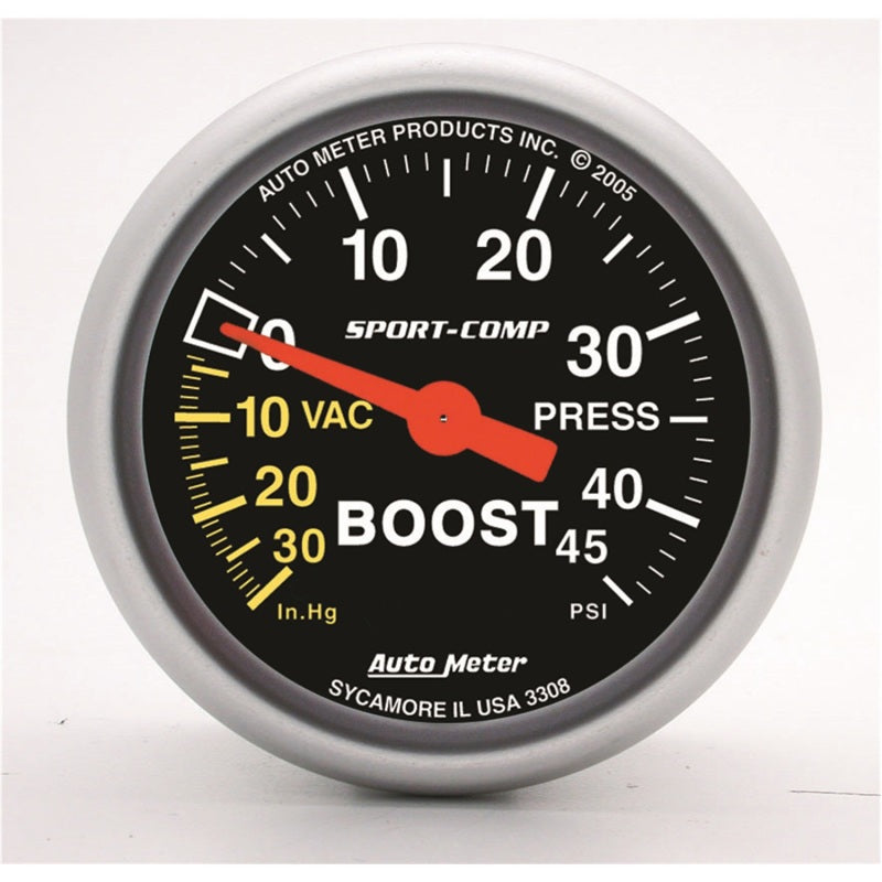 Auto Meter Sport-Comp 30 in HG-45 psi Boost / Vacuum Gauge - Mechanical - Analog - 2-1/16 in Diameter - Black Face