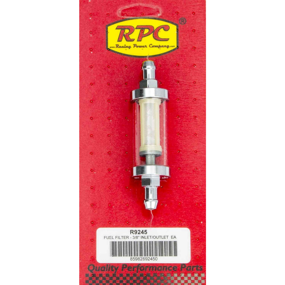 Racing Power Inline Fuel Filter Stainless Mesh 5/16" Hose Barb Inlet/Outlet Glass/Steel - Chrome