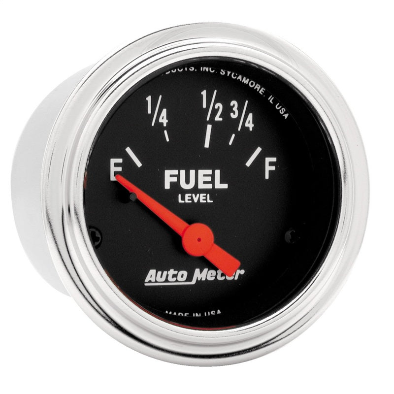 Auto Meter Traditional Chrome 73-10 ohm Fuel Level Gauge - Electric - Analog - Short Sweep - 2-1/16 in Diameter - Black Face
