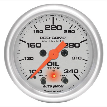 Auto Meter 2-1/16" Ultra-Lite Electric Oil Temperature Gauge w/ Peak Memory & Warning - 100-340° F