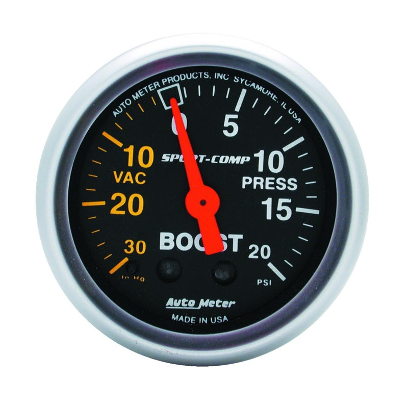 Auto Meter Sport-Comp 30 in HG-20 psi Boost / Vacuum Gauge - Mechanical - Analog - 2-1/16 in Diameter - Black Face