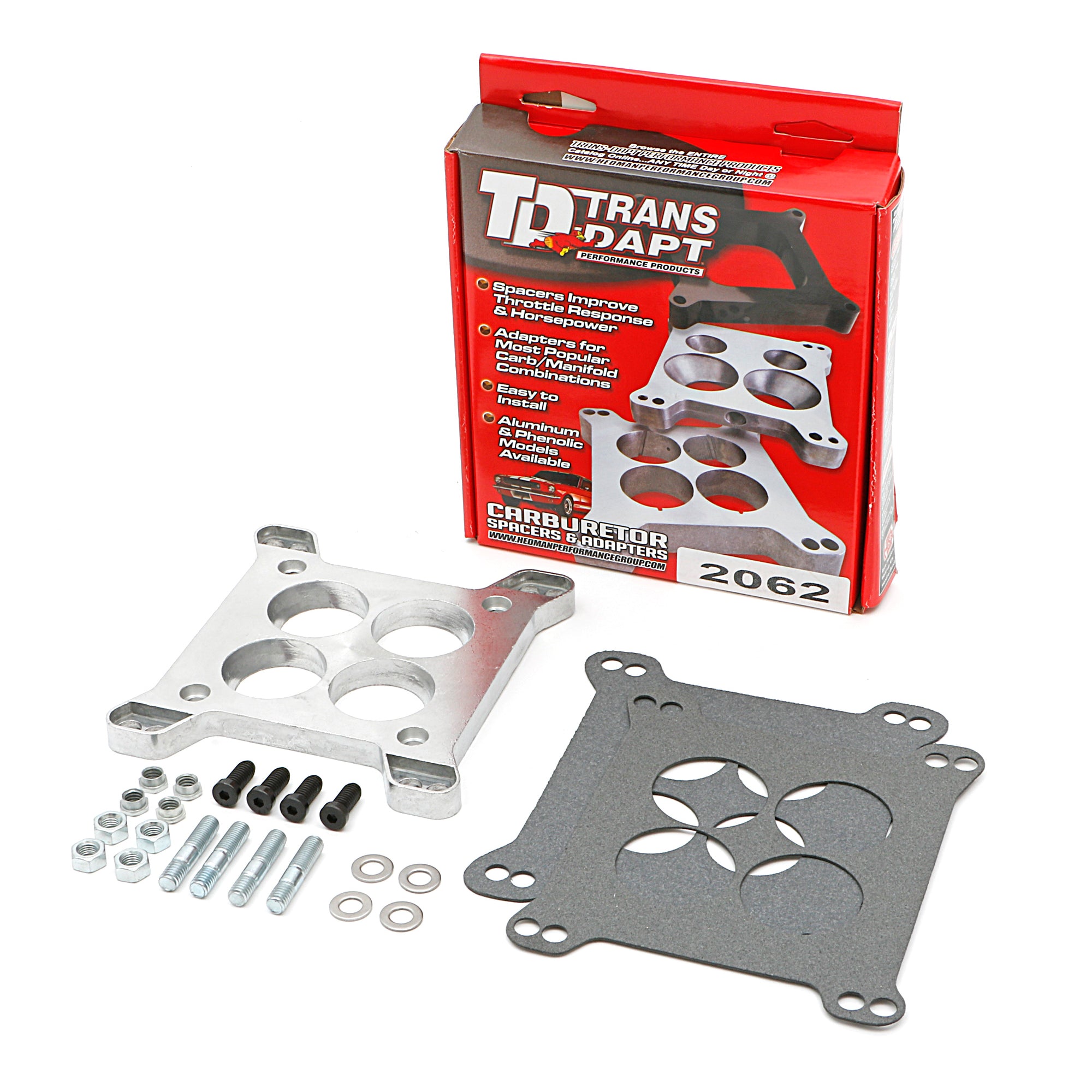 Trans-Dapt Performance 1/2" Thick Carburetor Adapter 4 Hole Rochester 4 Barrel to Square Bore Gasket/Hardware - Aluminum
