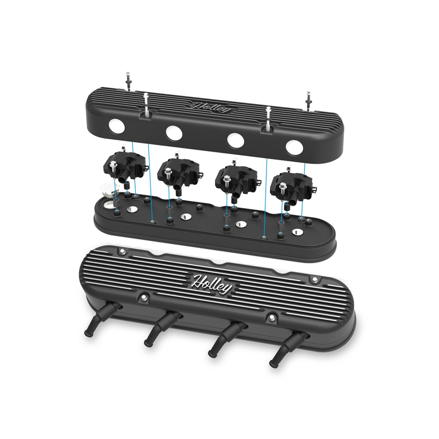 Holley Vintage Series Stock Height Valve Cover - Holley Logo - Hidden Coils - 2 Piece - Satin Black - GM LS-Series (Pair)