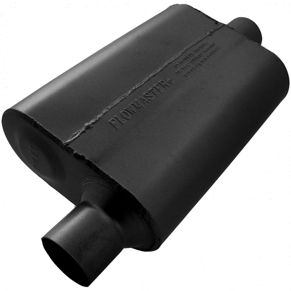 Flowmaster 40 Delta Flow Muffler - 2-1/2 in Offset Inlet - 2-1/2 in Center Outlet - 13 x 9-3/4 x 4 in Oval Body - 19 in Long - Black Paint - Universal 942541