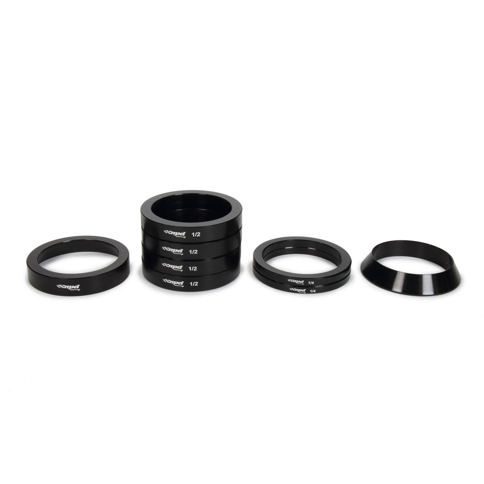 MPD Axle Spacer Kit - Coned - Two 1/4" Spacers - Four 1/2" Spacers - Aluminum - 36-Spline - Midget