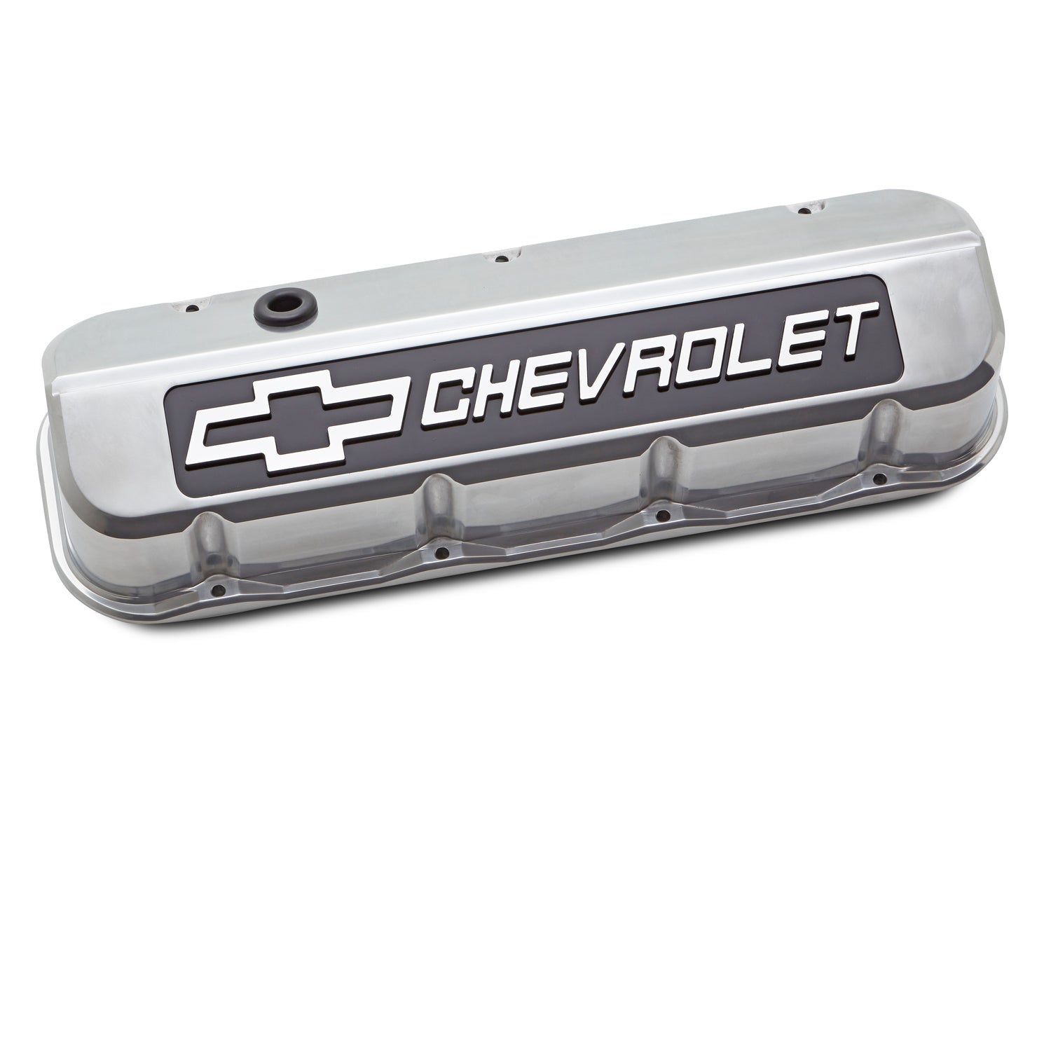 Proform Slant-Edge Tall Valve Cover - Baffled - Breather Hole - Blackfield Chevrolet Logo - Polished - Big Block Chevy (Pair)