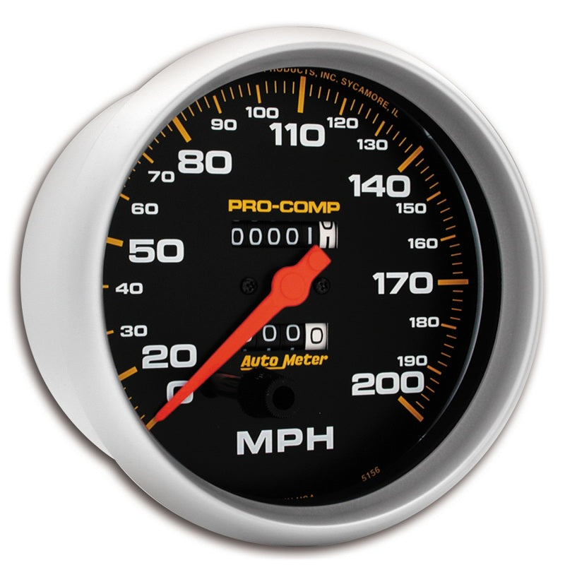 Auto Meter Pro-Comp 200 MPH Speedometer - Mechanical - Analog - 5 in Diameter - Black Face