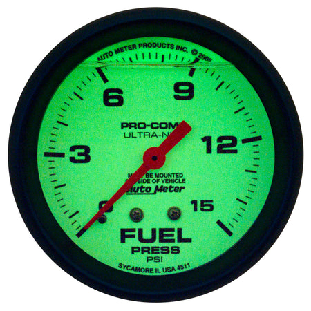 Auto Meter 2-5/8" Ultra-Nite F/P Gauge - 0-15 PSI