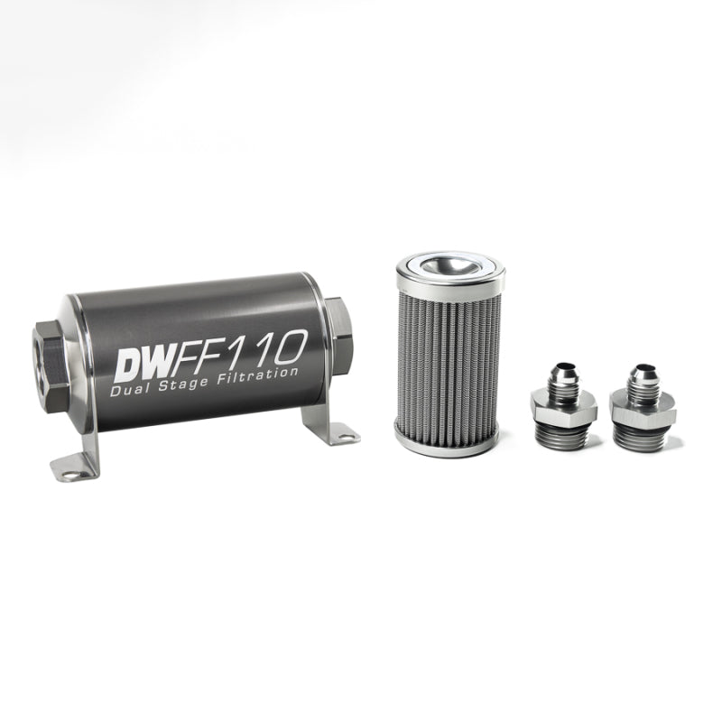 DeatschWerks Fuel Filter - 100 Micron - Stainless Element - 6 AN Male Inlet - 6 AN Male Outlet - 110 mm Long - Aluminum - Titanium