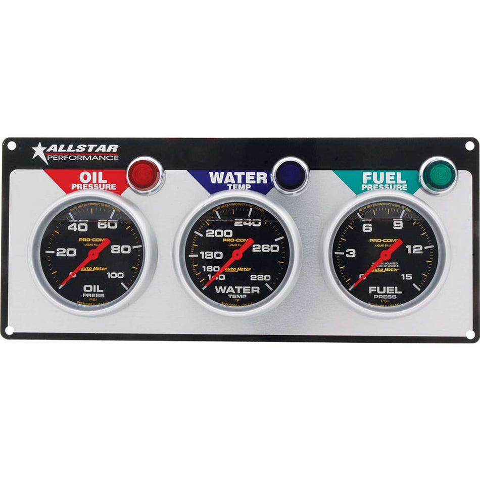 Allstar Performance Auto Meter Pro-Comp Liquid-Filled 3 Gauge Panel - WT/OP/FP