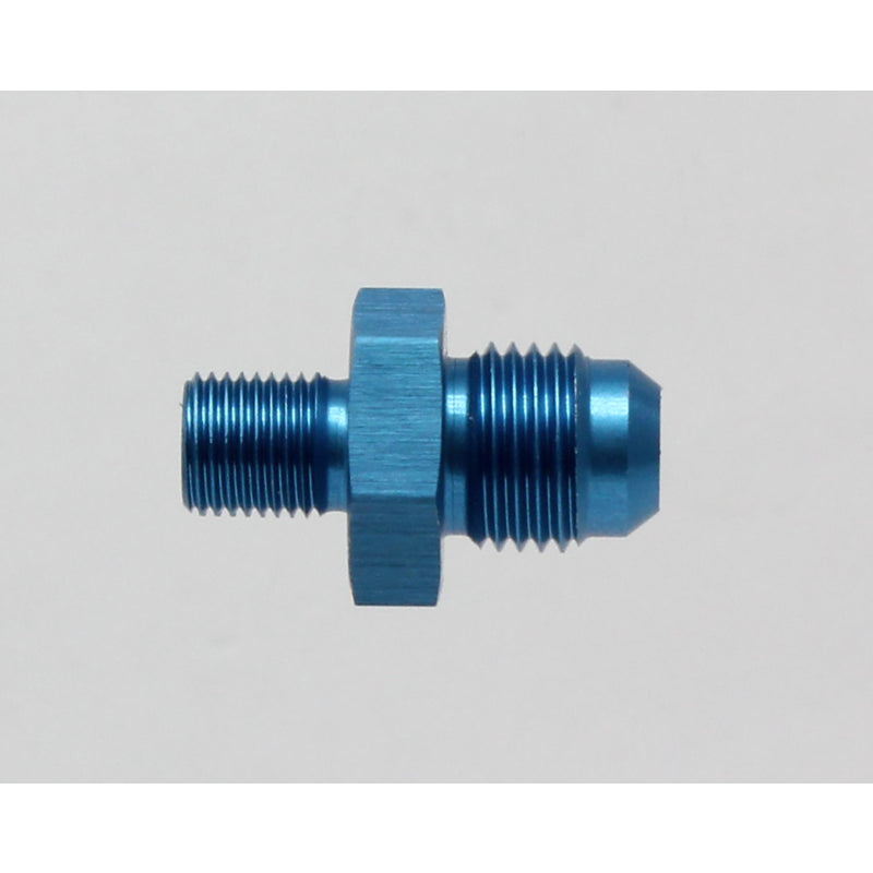 Walbro Fuel Pump Adapter Fitting Straight 10 mm x 1 to 14 mm DIN Outlet Aluminum - Blue Anodize