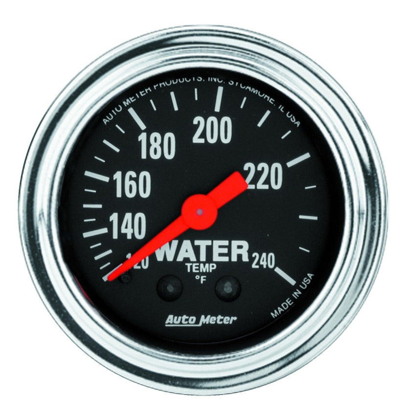 Auto Meter Traditional Chrome 120-240 Degree F Water Temperature Gauge - Mechanical - Analog - Full Sweep - 2-1/16 in Diameter - Black Face 2433