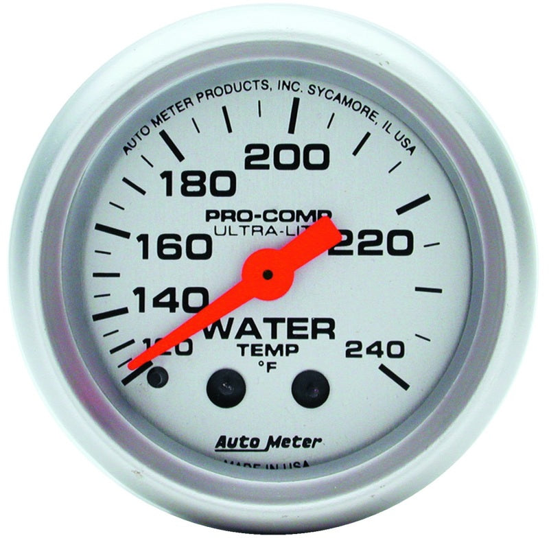 Auto Meter Ultra-Lite 120-240 Degree F Water Temperature Gauge - Mechanical - Analog - Full Sweep - 2-1/16 in Diameter - Silver Face 4332