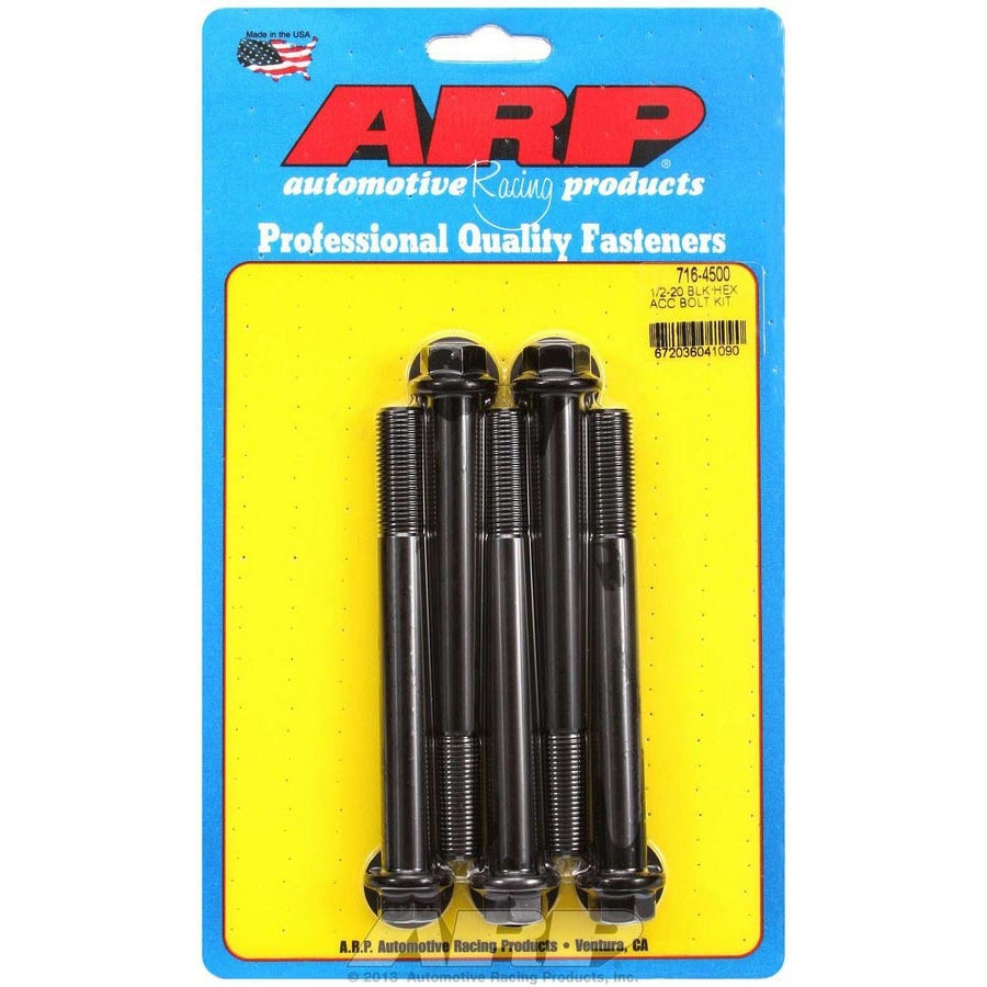 ARP 1/2-20" Thread Bolt - 4.500" Long - 9/16" Hex Head - Chromoly - Black Oxide (Set of 5)