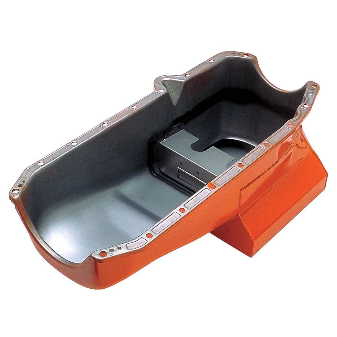 Trans-Dapt Street / Strip Rear Sump Oil Pan - 7 Quart - 8.25 in Deep - Orange Paint - 2 Piece Seal - Small Block Chevy 8991