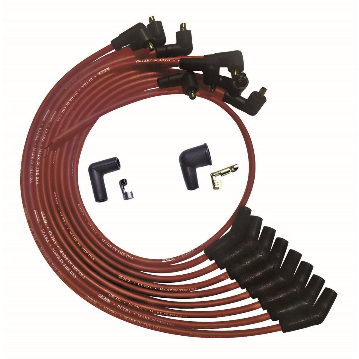 Moroso Ultra Spiral Core 8 mm Spark Plug Wire Set - Red - 135 Degree Plug Boots - Socket Style - Small Block Ford 52071