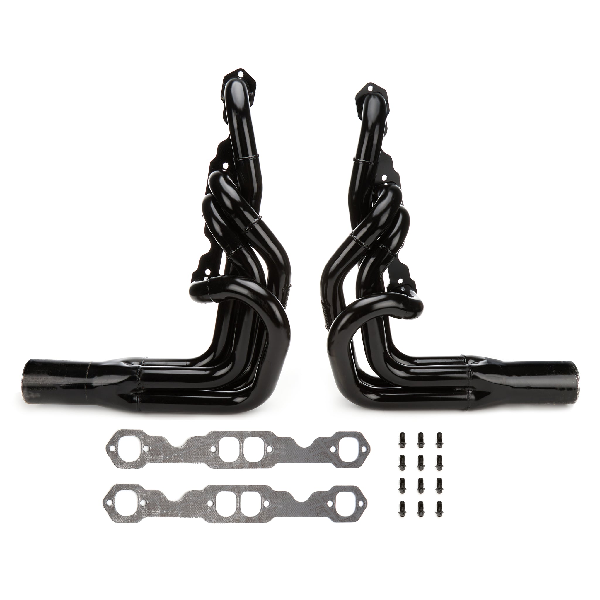 Schoenfeld IMCA-UMP Stock Car Headers - 1-3/4 to 1-7/8" Primary - 3-1/2" Collector - Steel - Black Paint - SB Chevy
