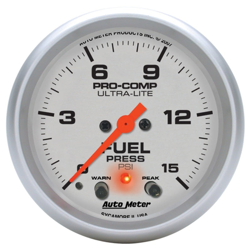 Auto Meter 2-5/8" Ultra-Lite Electric Fuel Pressure Gauge w/ Peak Memory & Warning - 0-15 PSI