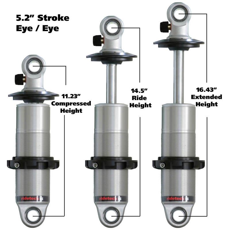 RideTech HQ Series Monotube Single Adjustable Shock - 11.23 in Compressed / 16.43 in Extended - 2.03 in OD - Threaded